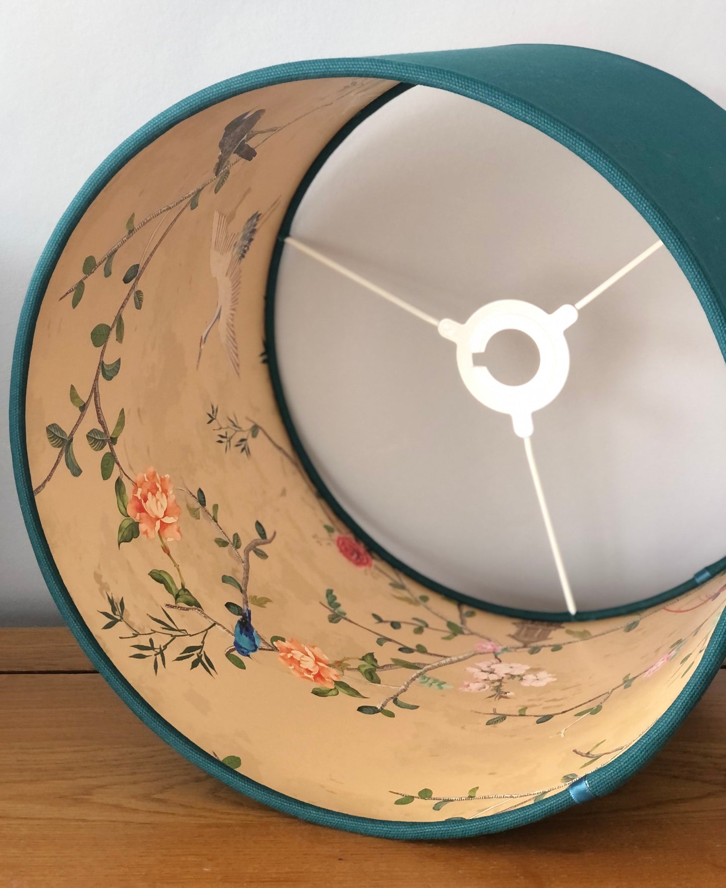 Teal Lampshade with Gold Chinoiserie Bird Lining