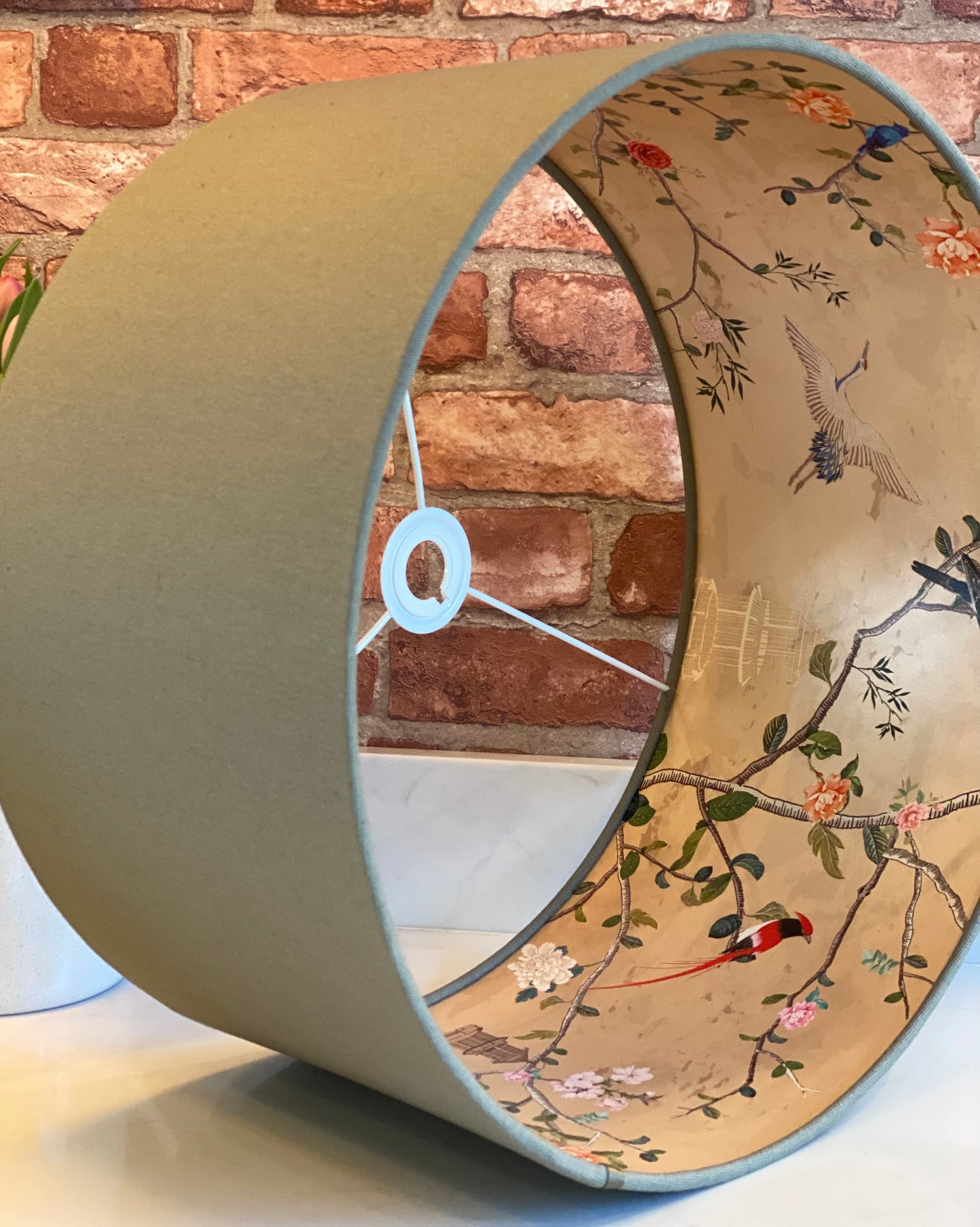 Sage Green Lampshade with Gold Chinoiserie Bird Lining