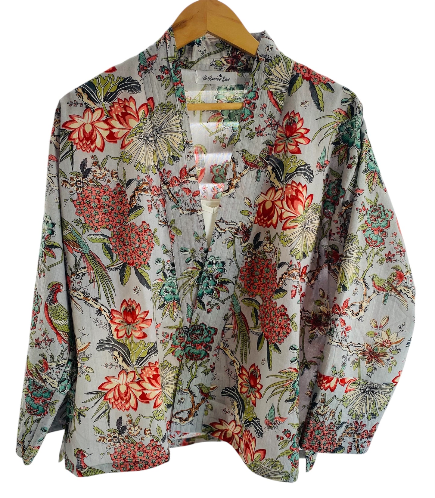 Pale Blue Chinoiserie Kimono Jacket with Birds and Flowers