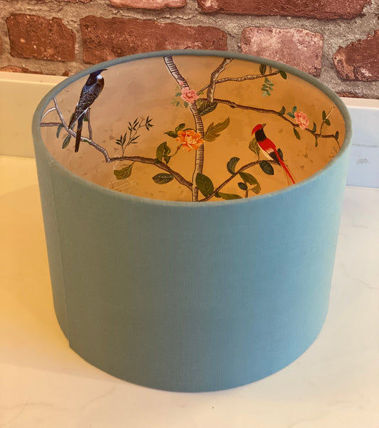 Pale Blue Lampshade with Gold Chinoiserie Bird Lining