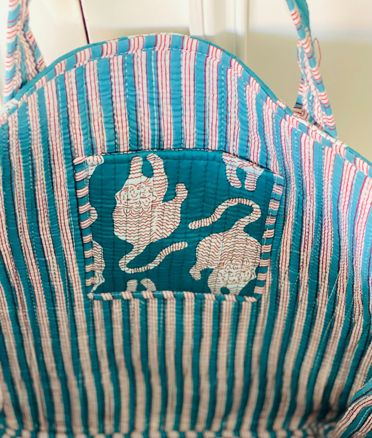 Turquoise Tiger Quilted Tote Bag - Stylish Everyday Handbag