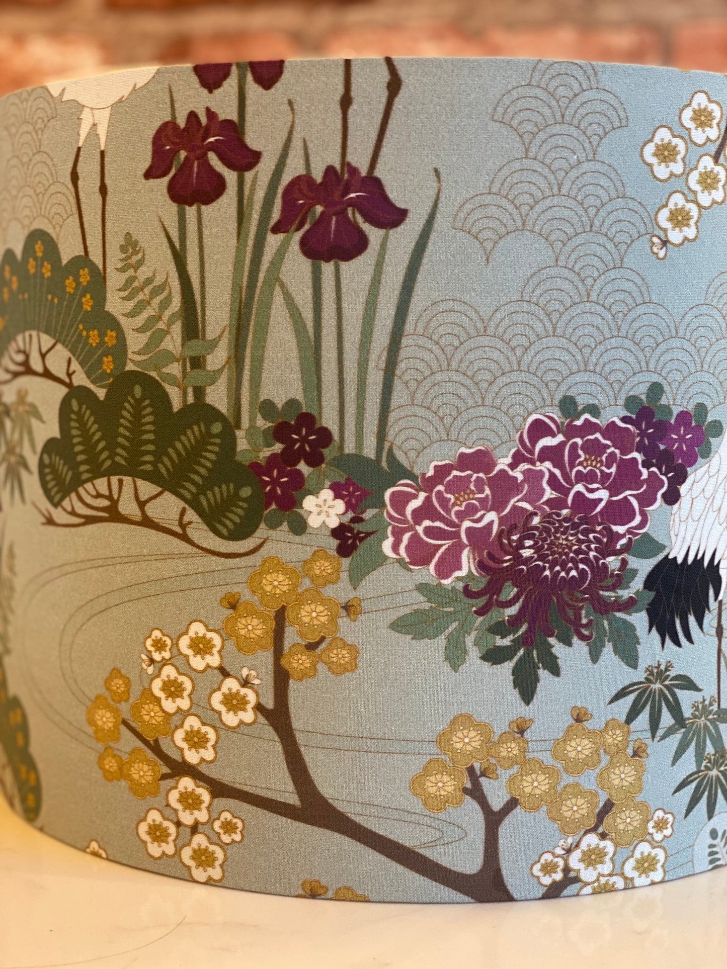 Sage Green Japanese Crane and Cherry Blossom Lampshade