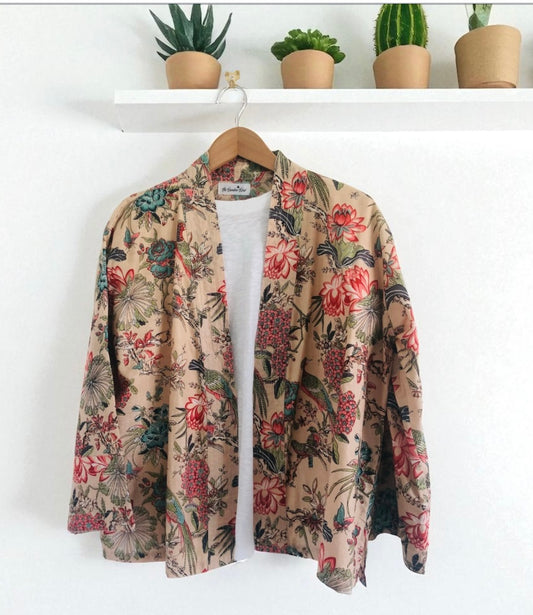 Pale Pink Chinoiserie Kimono Jacket with Birds and Flowers