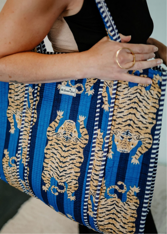 Blue Tiger Quilted Tote Bag