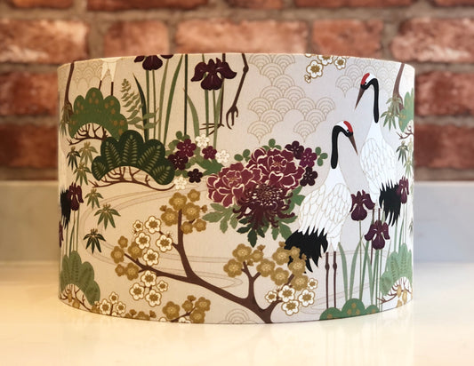 Green, Gold and Plum Japanese Crane and Cherry Blossom Lampshade