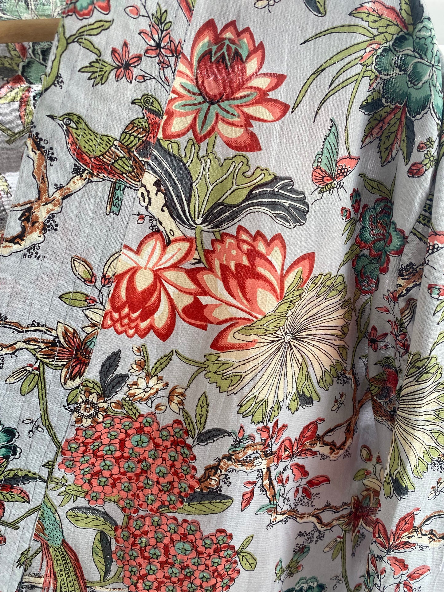 Pale Blue Chinoiserie Kimono Jacket with Birds and Flowers