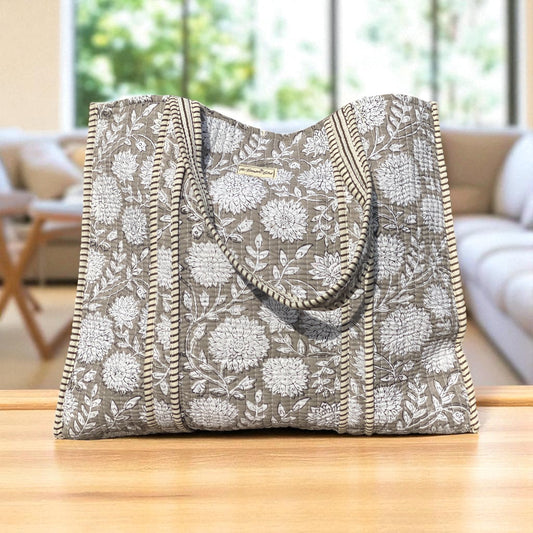 Grey Floral Quilted Tote Bag