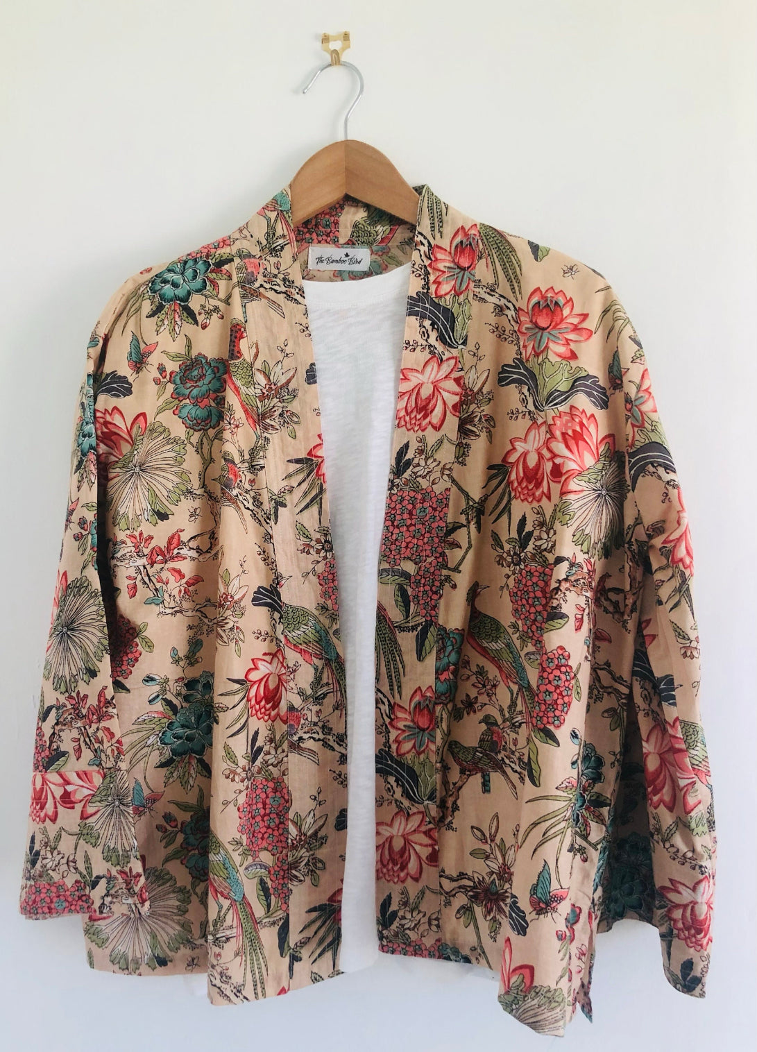 Pale Pink Chinoiserie Kimono Jacket with Birds and Flowers