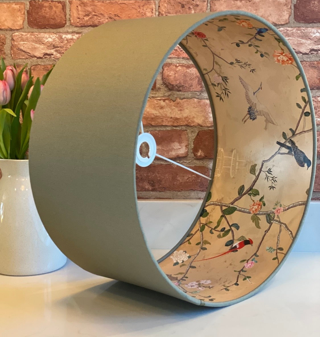 Sage Green Lampshade with Gold Chinoiserie Bird Lining