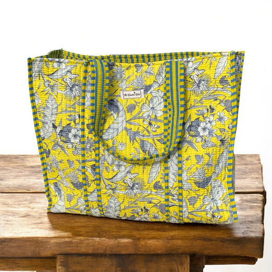 Bright Yellow and Grey Floral Quilted Tote Bag