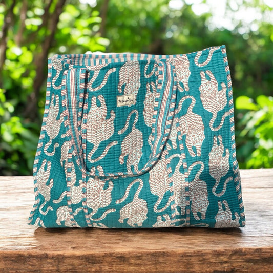 Turquoise Tiger Quilted Tote Bag - Stylish Everyday Handbag