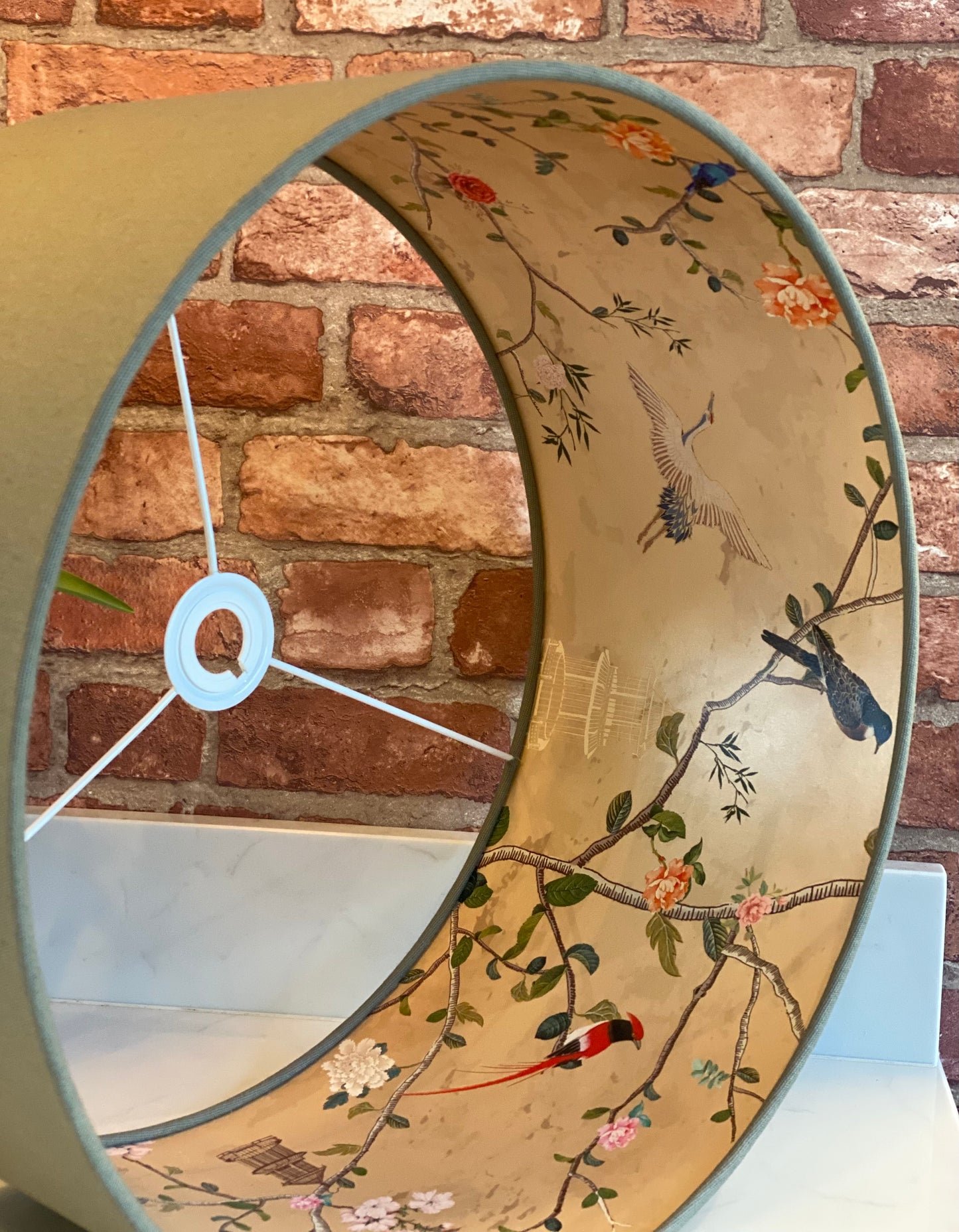 Sage Green Lampshade with Gold Chinoiserie Bird Lining