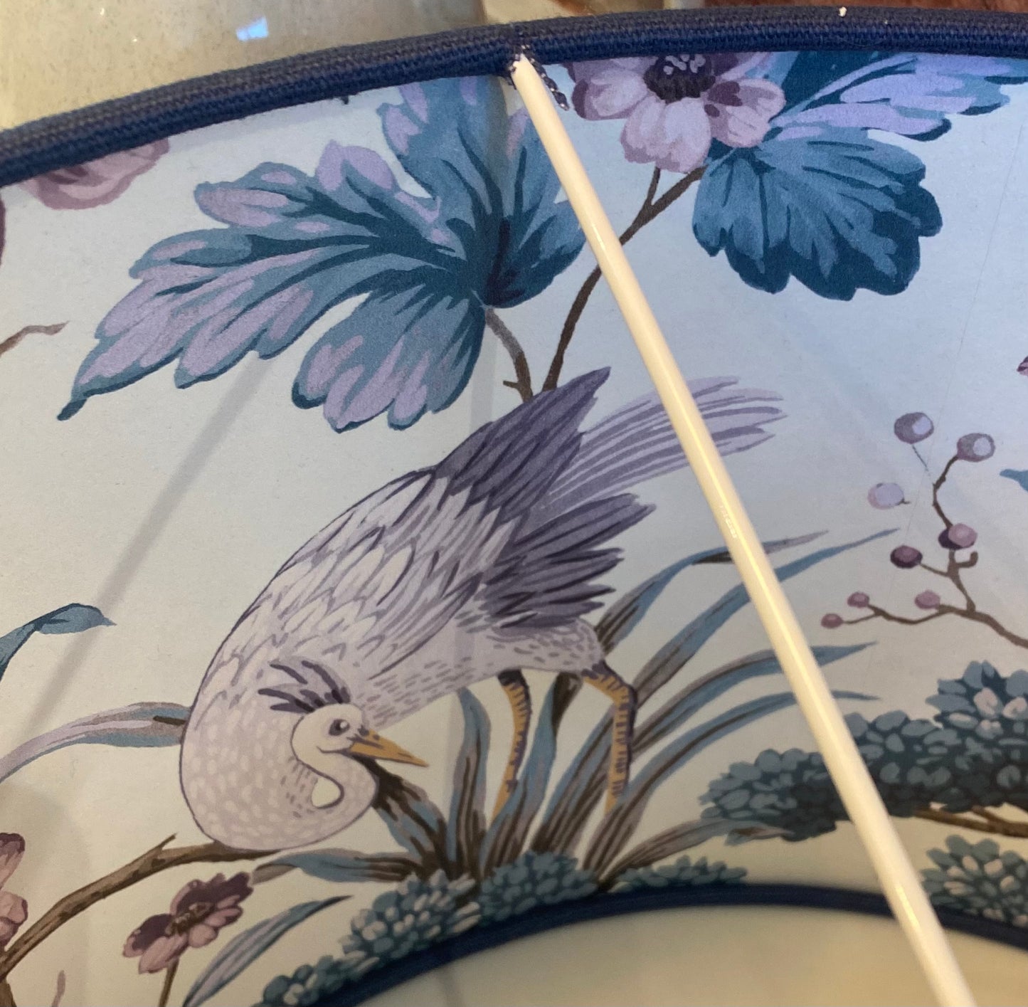 Dark Blue Linen Lampshade with Chinoiserie Bird Lining