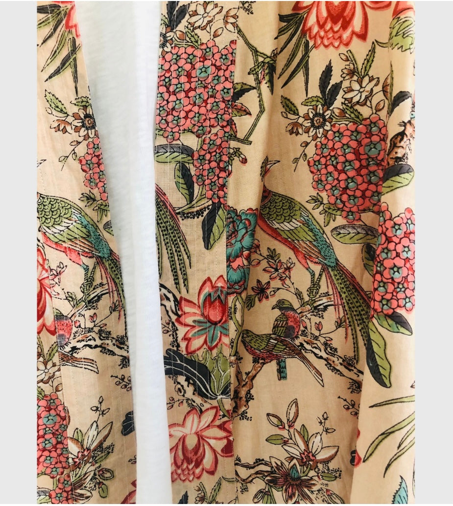 Pale Pink Chinoiserie Kimono Jacket with Birds and Flowers