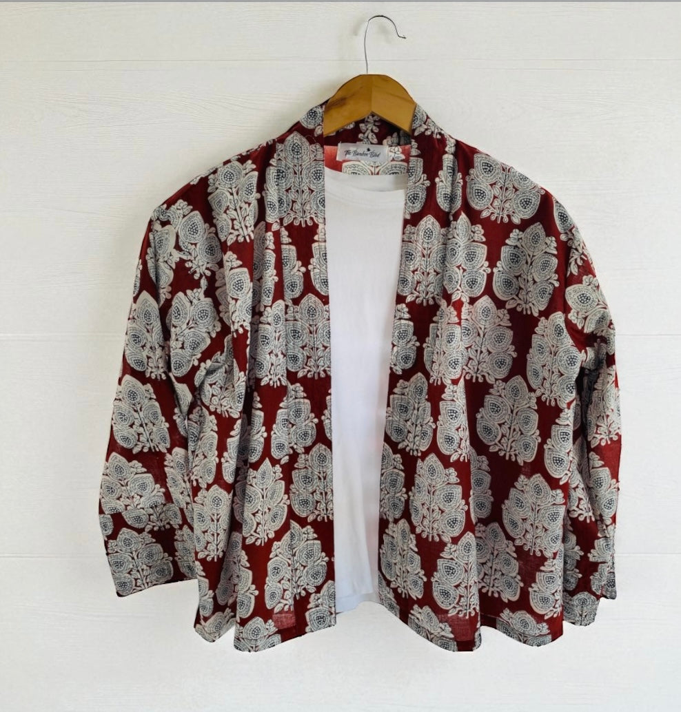 Maroon Red Block Print Kimono Jacket