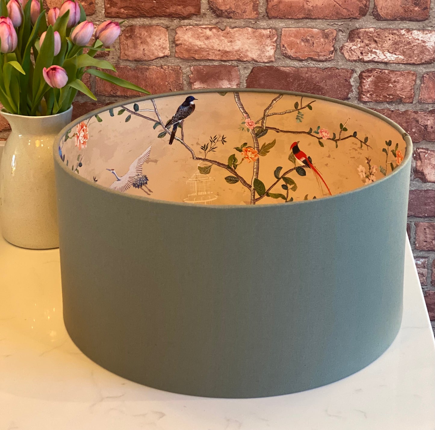 Sage Green Lampshade with Gold Chinoiserie Bird Lining