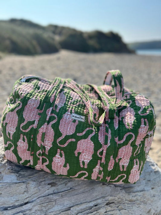 Green Tiger Quilted Weekend Duffel Bag - Stylish Travel Bag | The Bamboo Bird