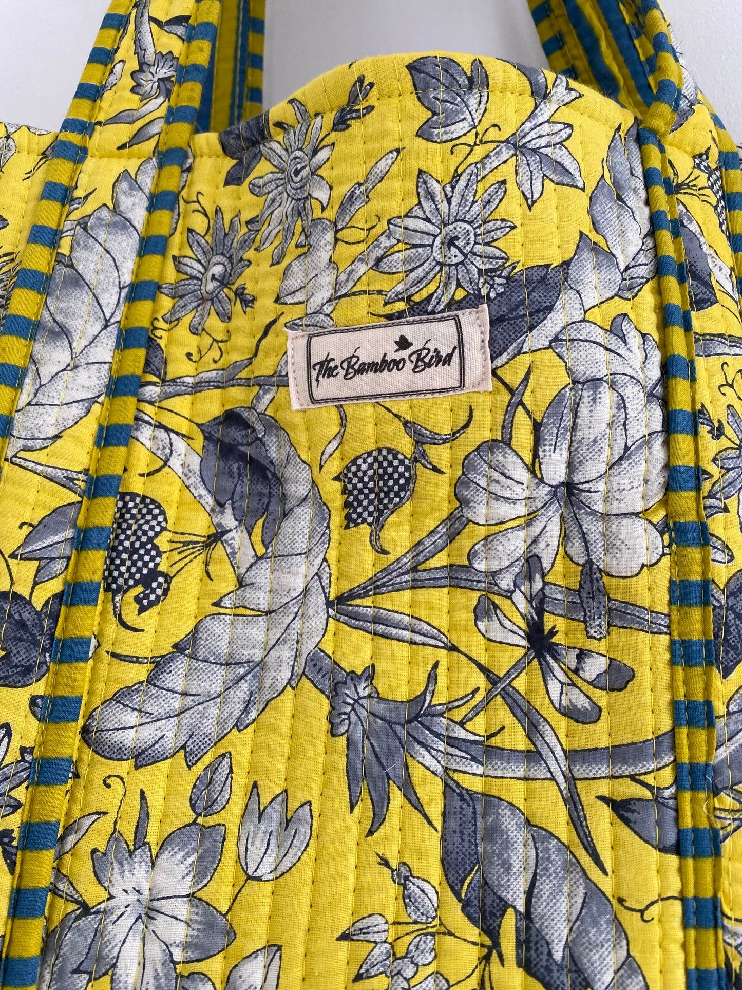 Bright Yellow and Grey Floral Quilted Tote Bag