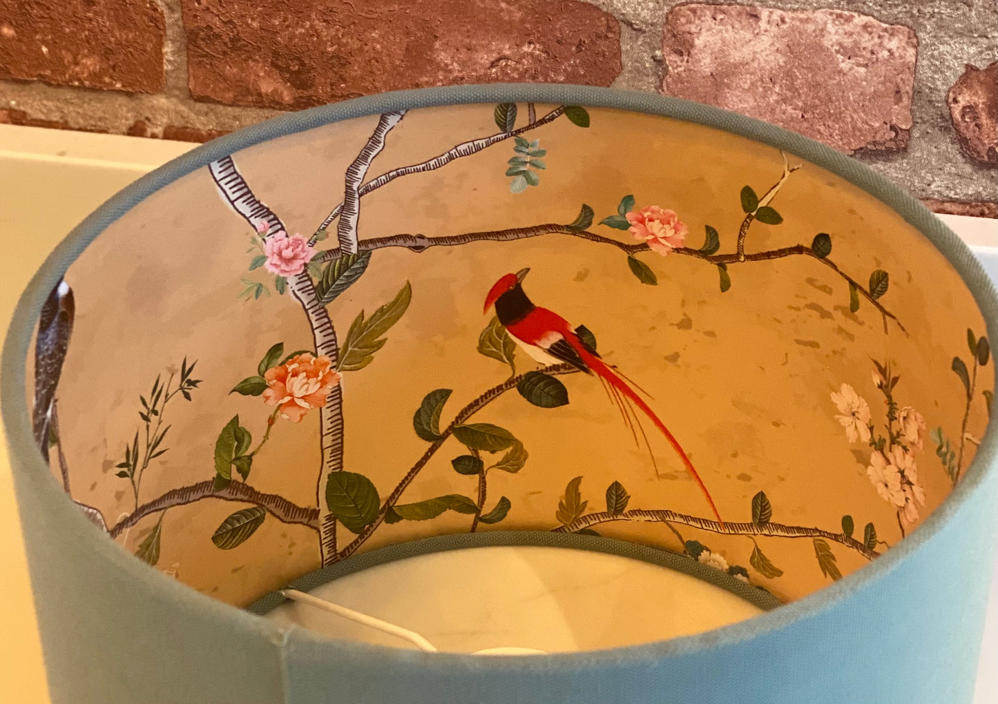 Pale Blue Lampshade with Gold Chinoiserie Bird Lining
