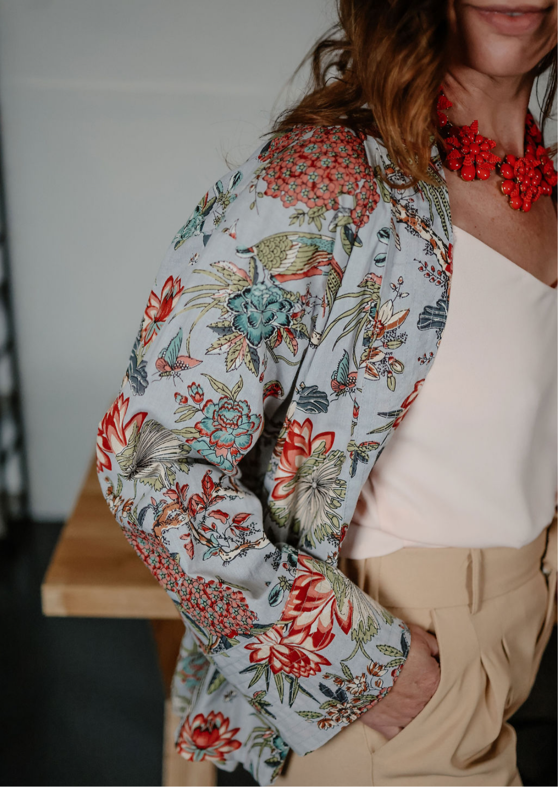 Pale Blue Chinoiserie Kimono Jacket with Birds and Flowers