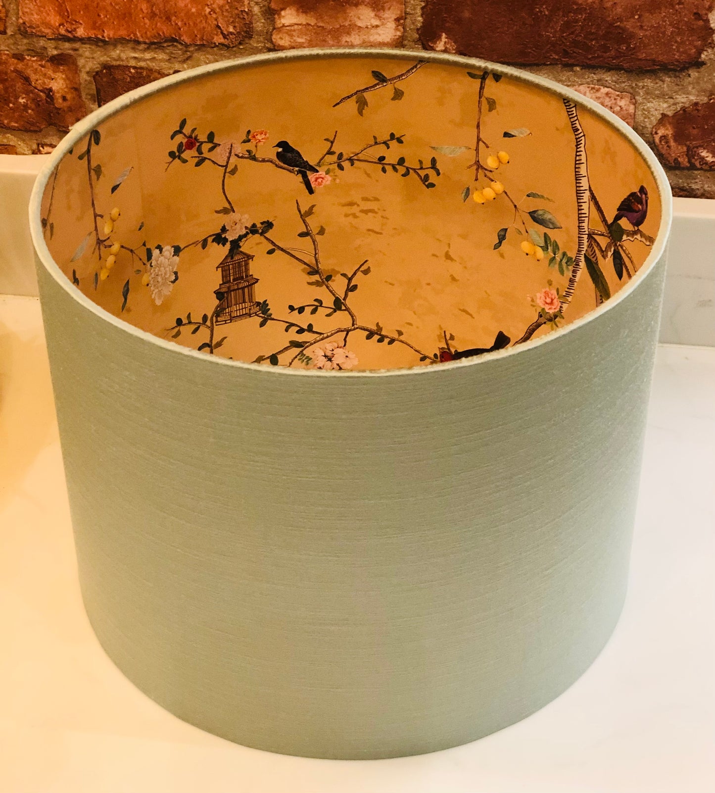 Pale Green Lampshade with Gold Chinoiserie Bird Lining