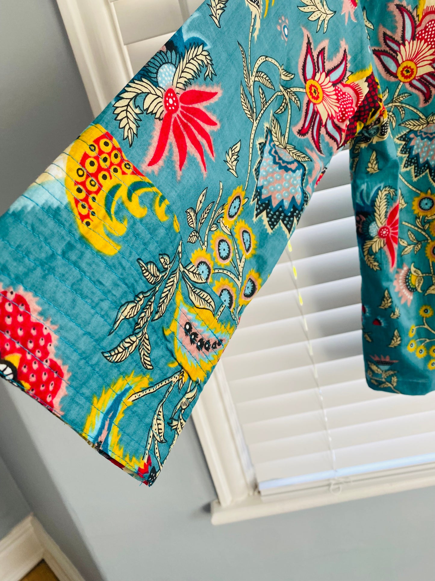 Cotton Kimono Jacket in Turquoise with Pink, Yellow and Blue Flowers