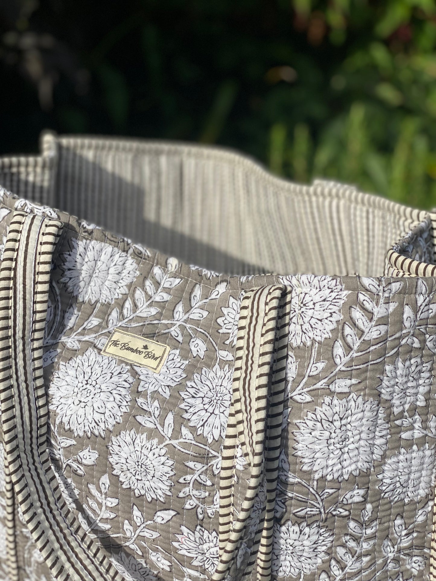 Grey Floral Quilted Tote Bag