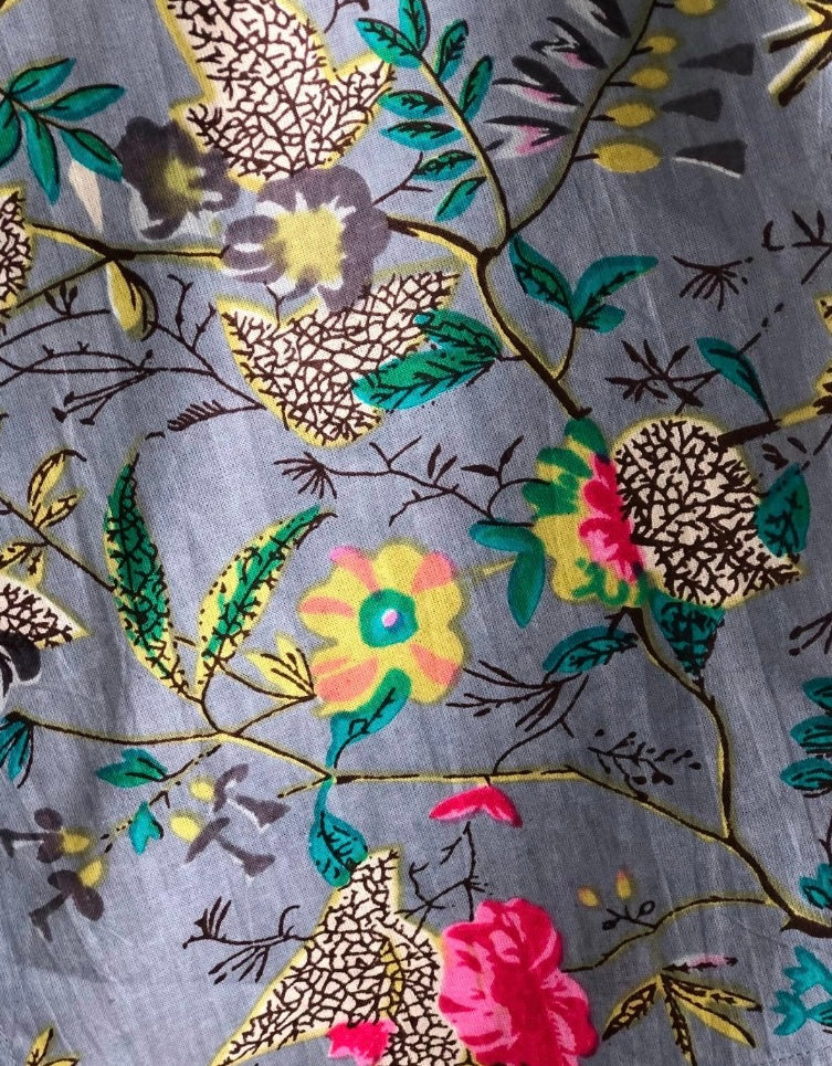 Dusky Blue Chinoiserie Kimono Jacket with Birds and Flowers