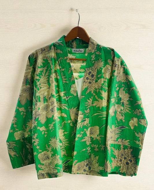 Emerald Green Kimono Jacket with Cream Flowers