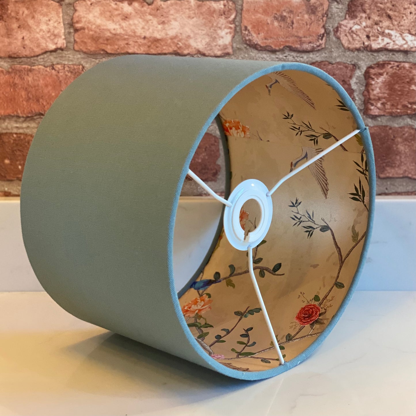 Pale Blue Lampshade with Gold Chinoiserie Bird Lining