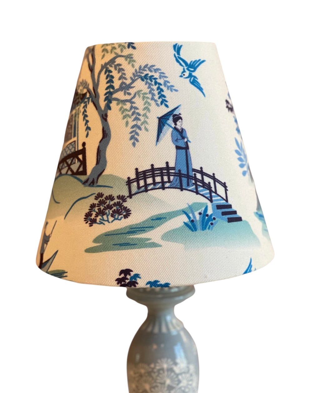 Clip-on Blue and White Chinoiserie Crane Lampshade for Wall Lights and Chandeliers