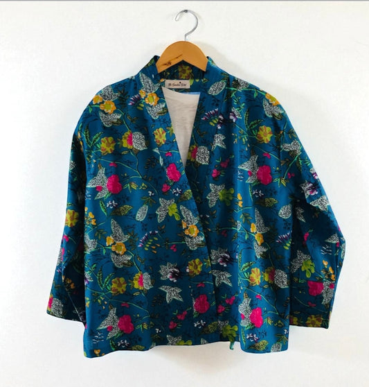 Cotton Kimono jacket in bright blue with yellow, pink and green flowers