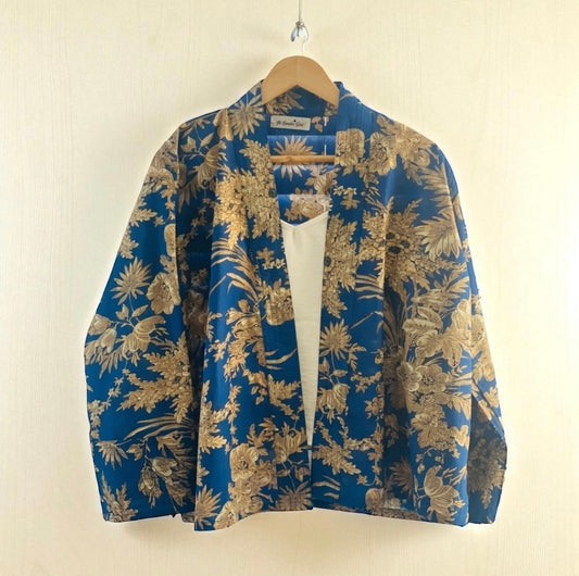 Bright Blue Kimono Jacket with Cream Flowers