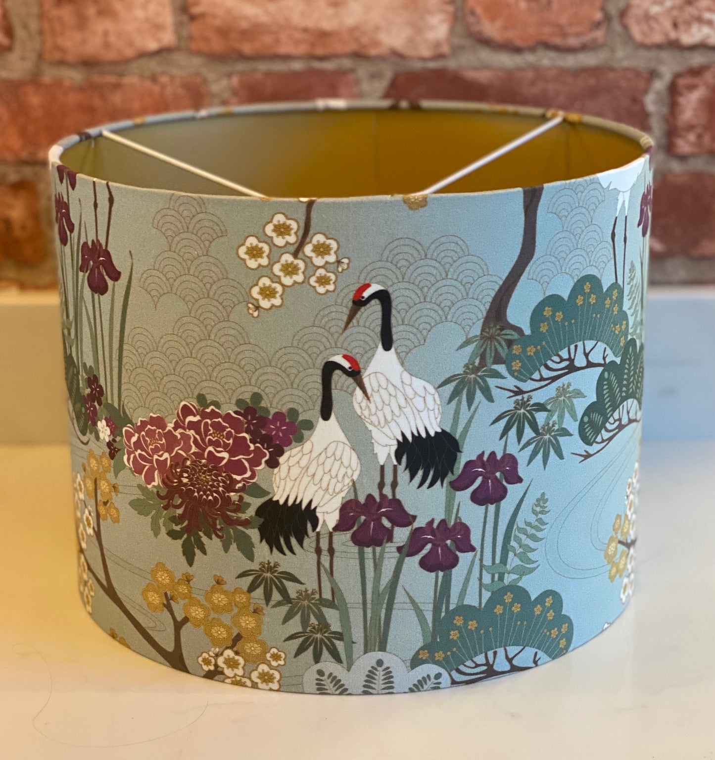 Sage Green Japanese Crane and Cherry Blossom Lampshade