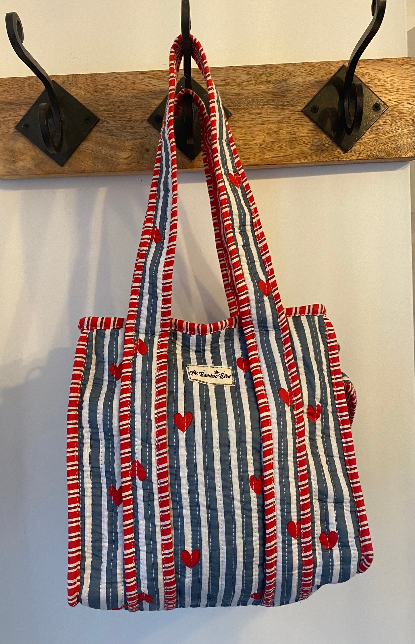 Mini Tote Bag - Blue and White Heart Stripe