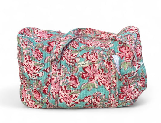 Pink and Blue Floral Quilted Weekend Duffel Bag