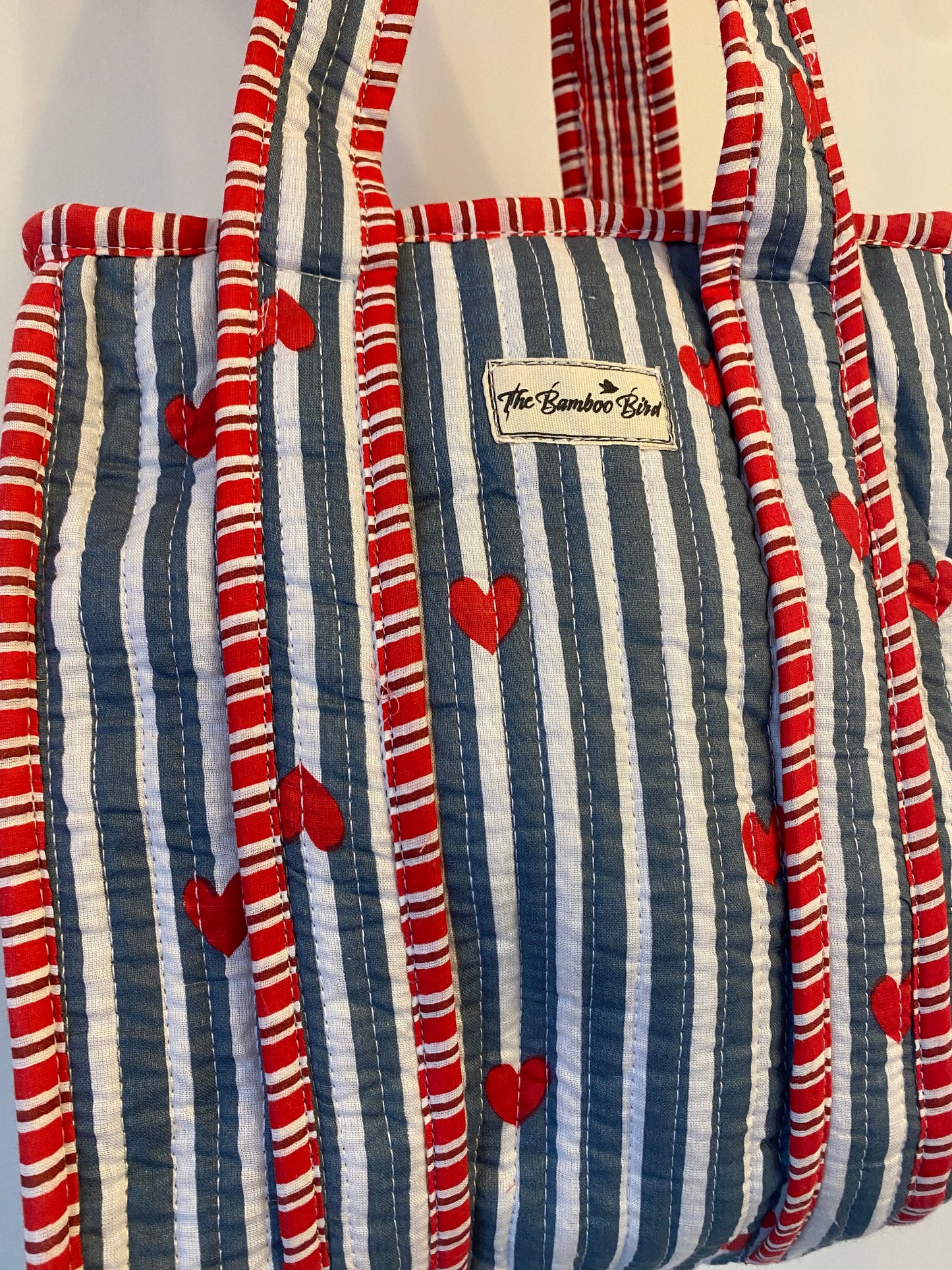 Mini Tote Bag - Blue and White Heart Stripe