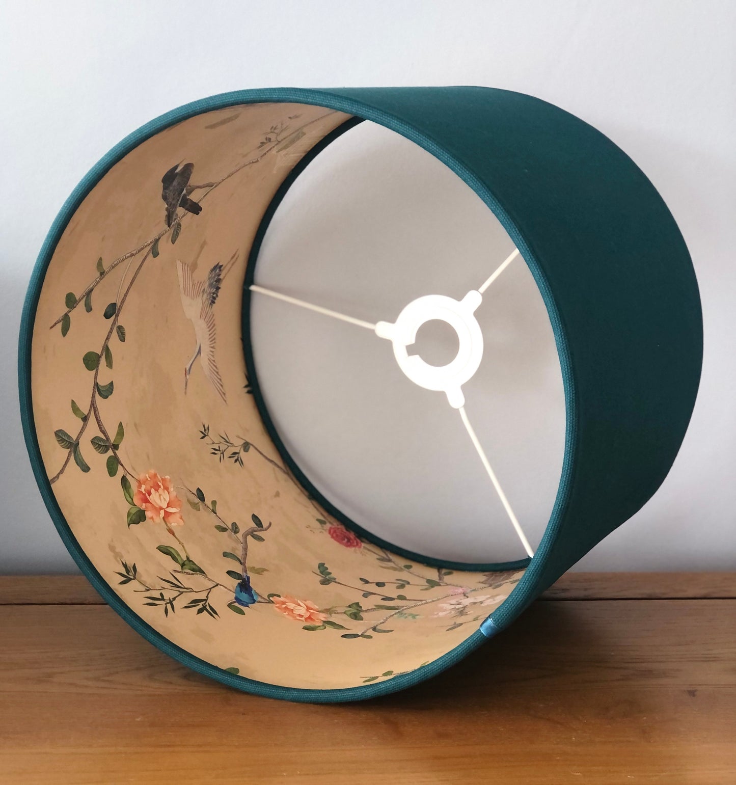 Teal Lampshade with Gold Chinoiserie Bird Lining