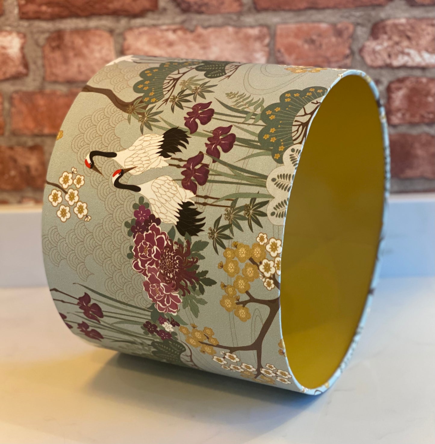 Sage Green Japanese Crane and Cherry Blossom Lampshade