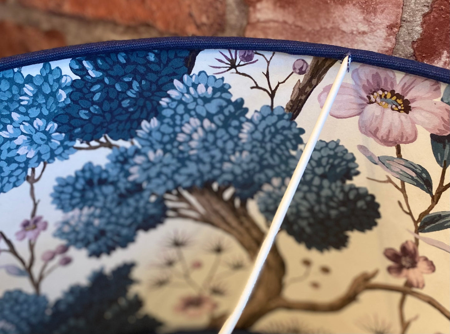 Dark Blue Linen Lampshade with Chinoiserie Bird Lining