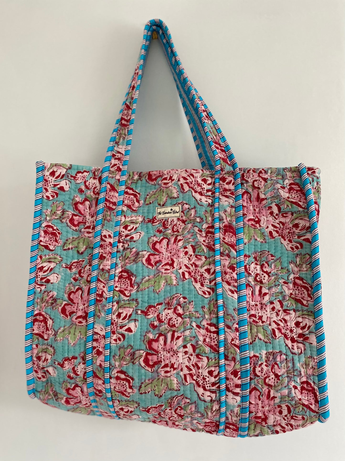 Turquoise and Pink Floral Quilted Tote Bag