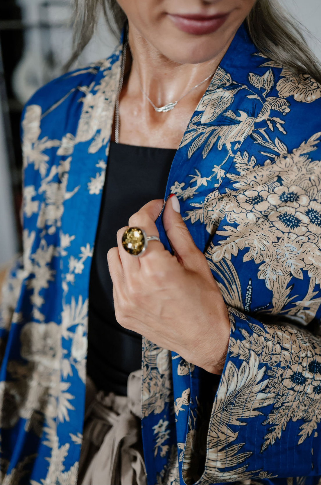 Bright Blue Kimono Jacket with Cream Flowers