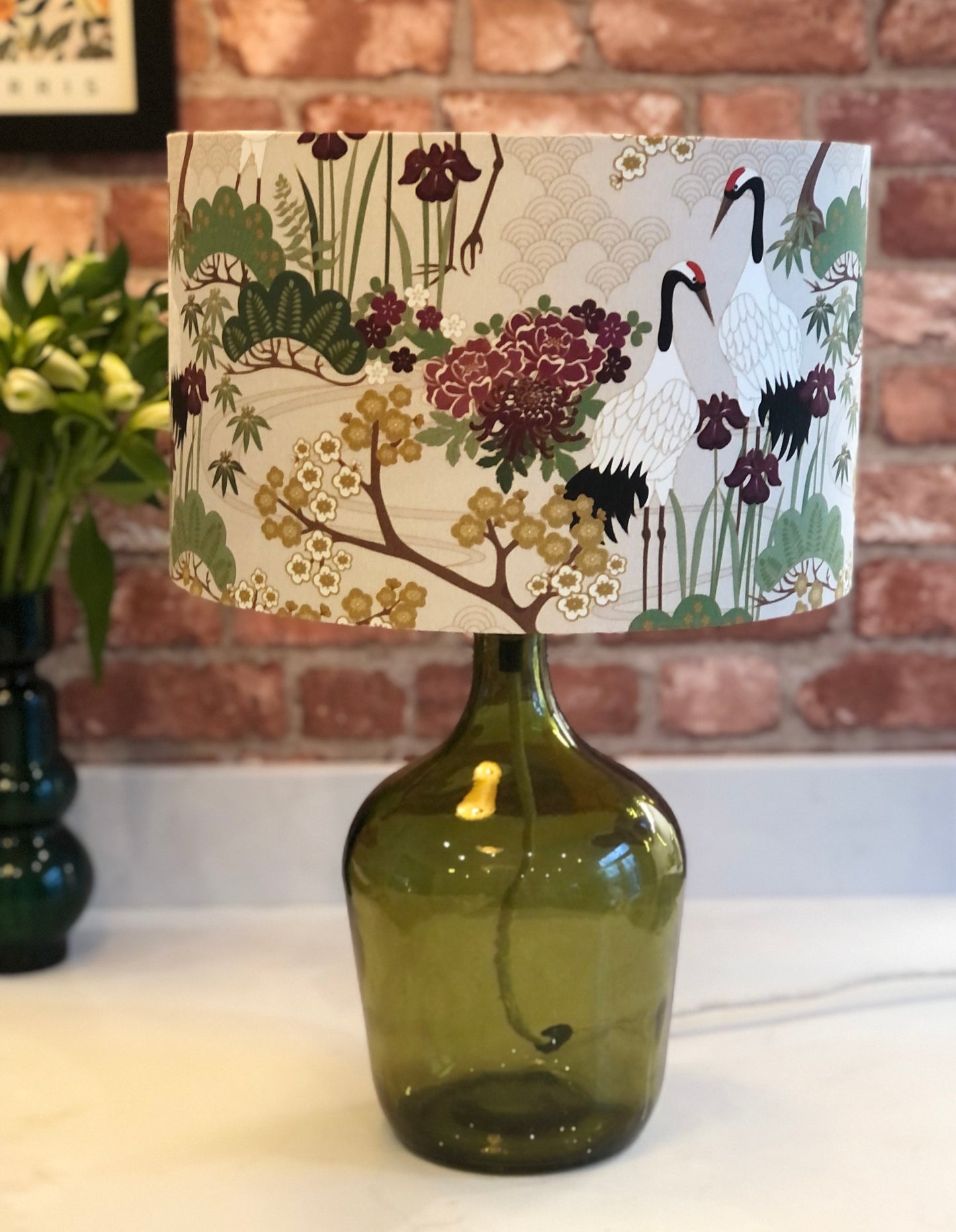 Green, Gold and Plum Japanese Crane and Cherry Blossom Lampshade