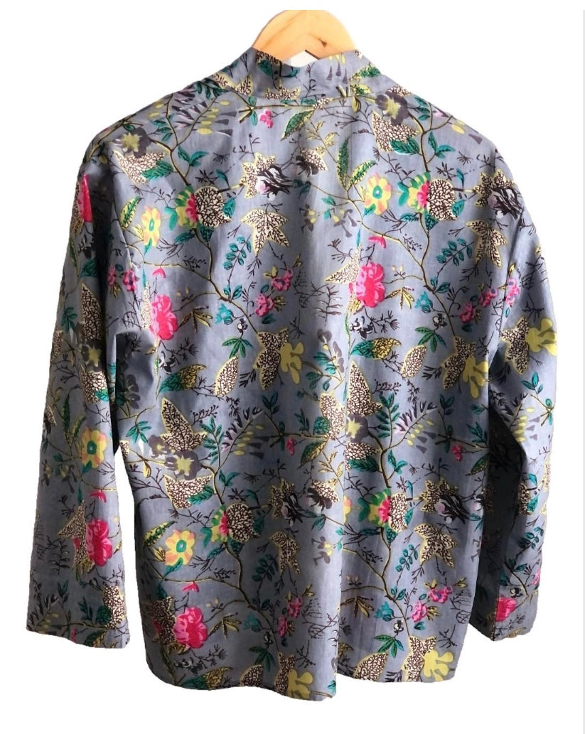 Dusky Blue Chinoiserie Kimono Jacket with Birds and Flowers