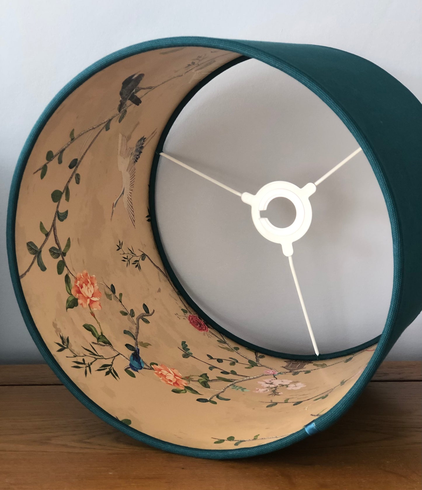 Teal Lampshade with Gold Chinoiserie Bird Lining