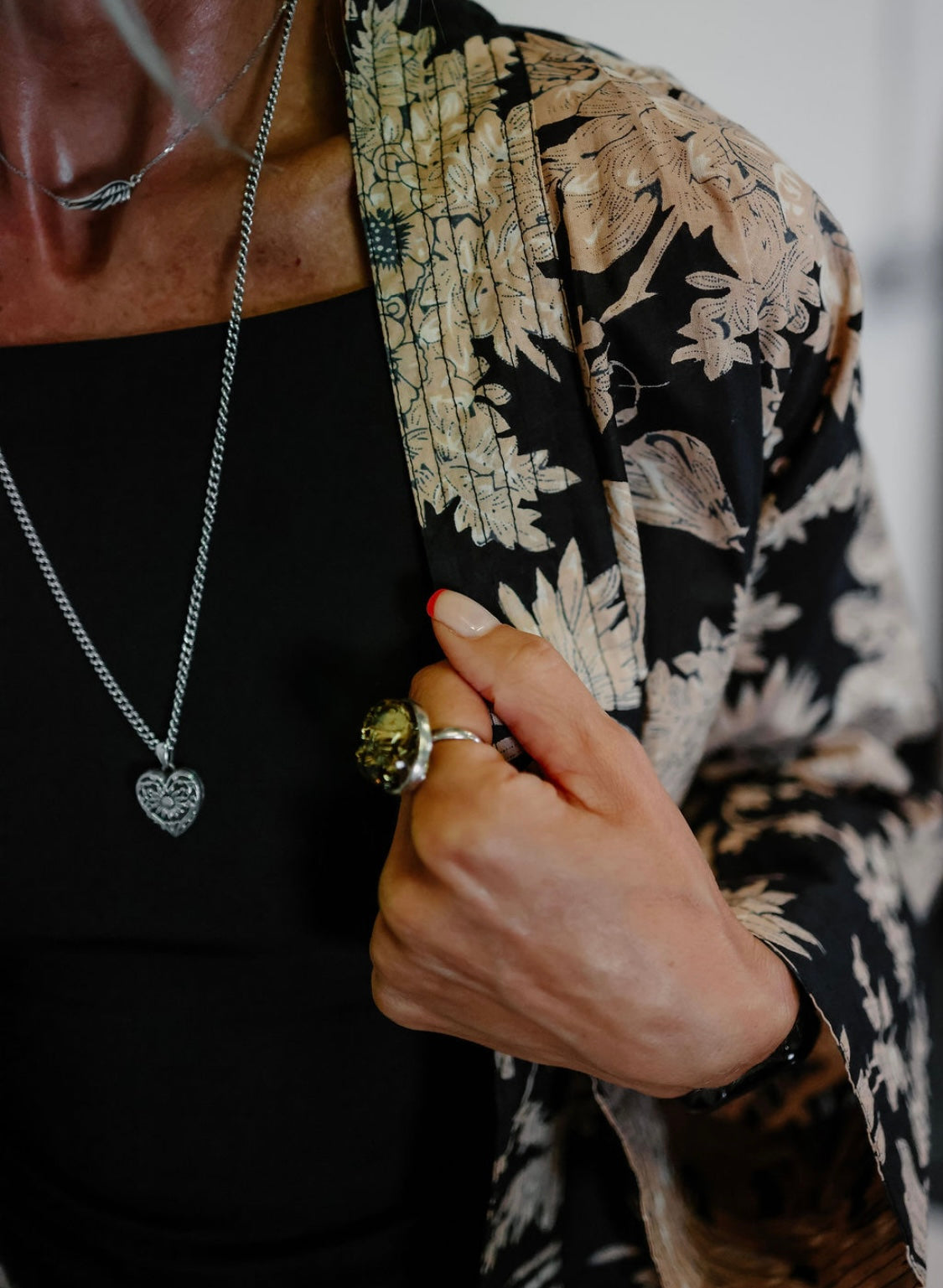 Black Kimono Jacket with Cream Flowers