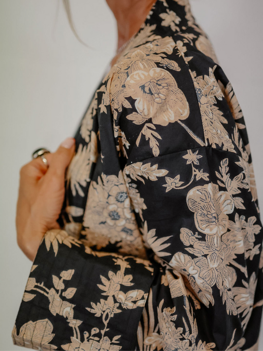 Black Kimono Jacket with Cream Flowers