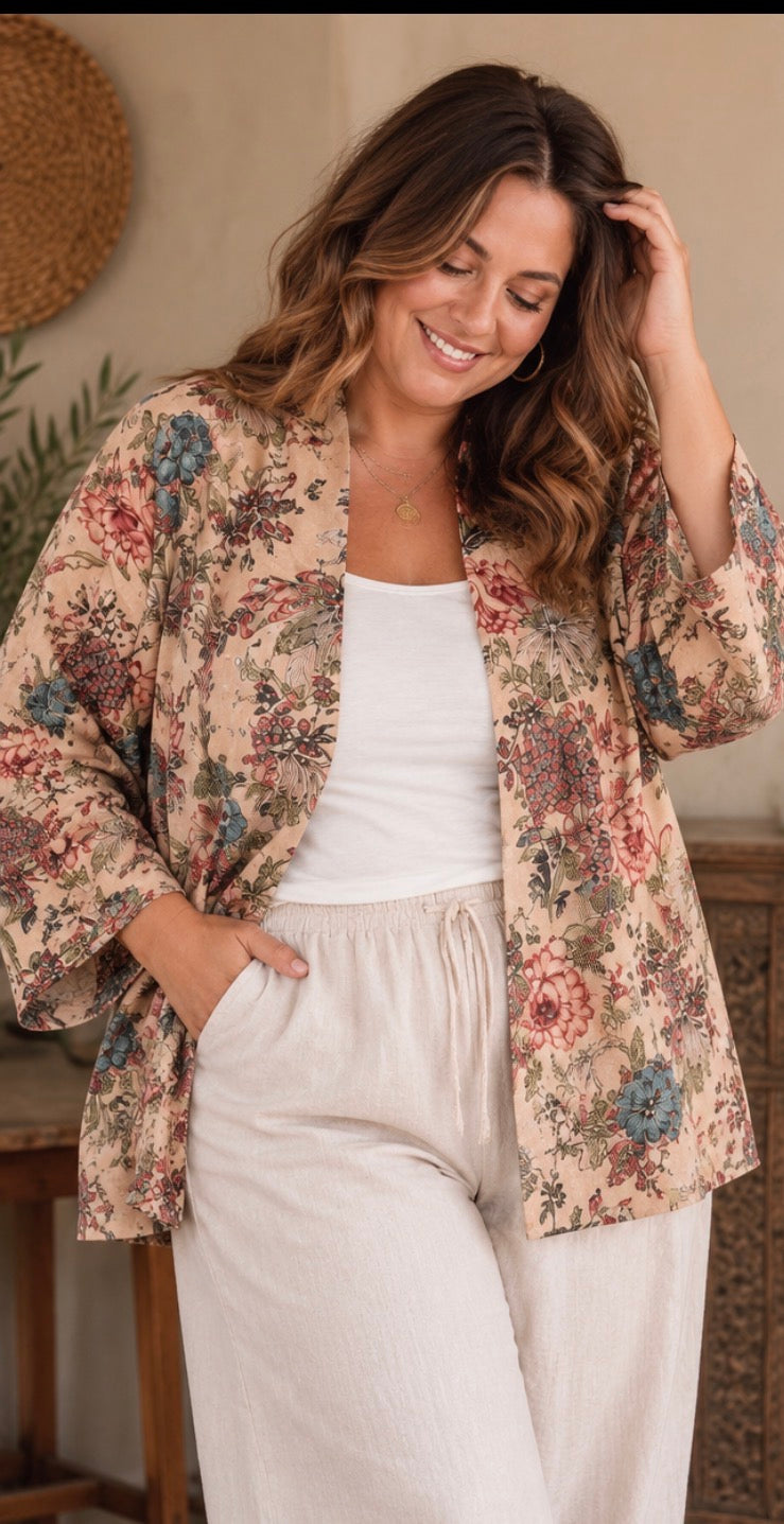 Pale Pink Chinoiserie Kimono Jacket with Birds and Flowers - Standard and Plus Size