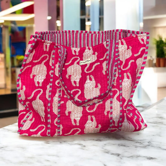 Pink Tiger Quilted Tote Bag