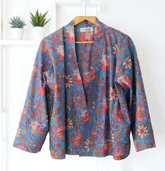 Cotton Kimono jacket in pale blue with pink, fawn, orange and white flowers
